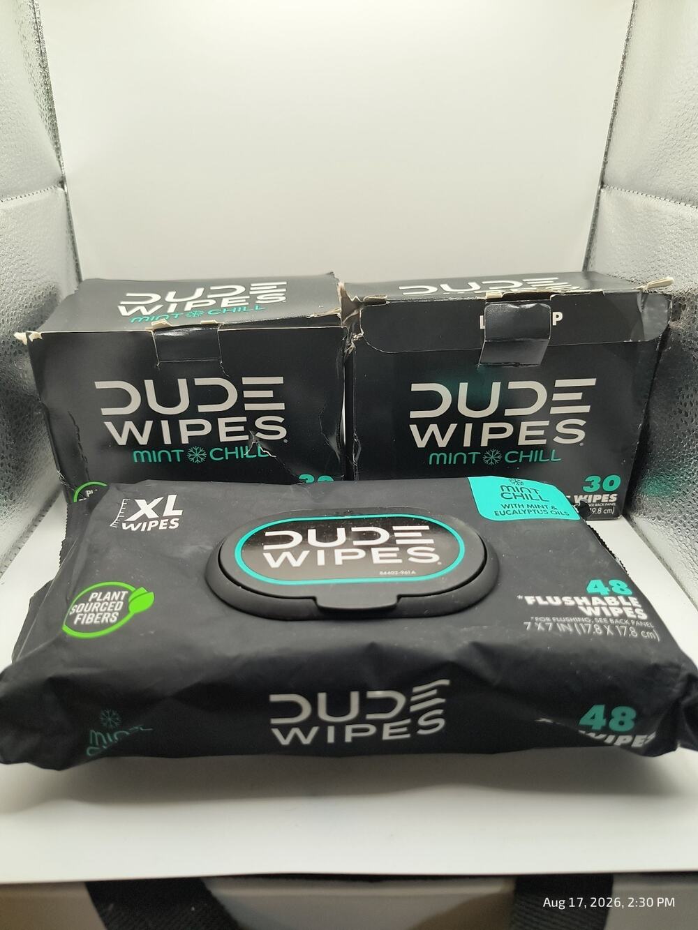 DUDE Wipes Mint Chill Flushable Wipes 2 Boxes Of 30 + 48 CT XL Wipes